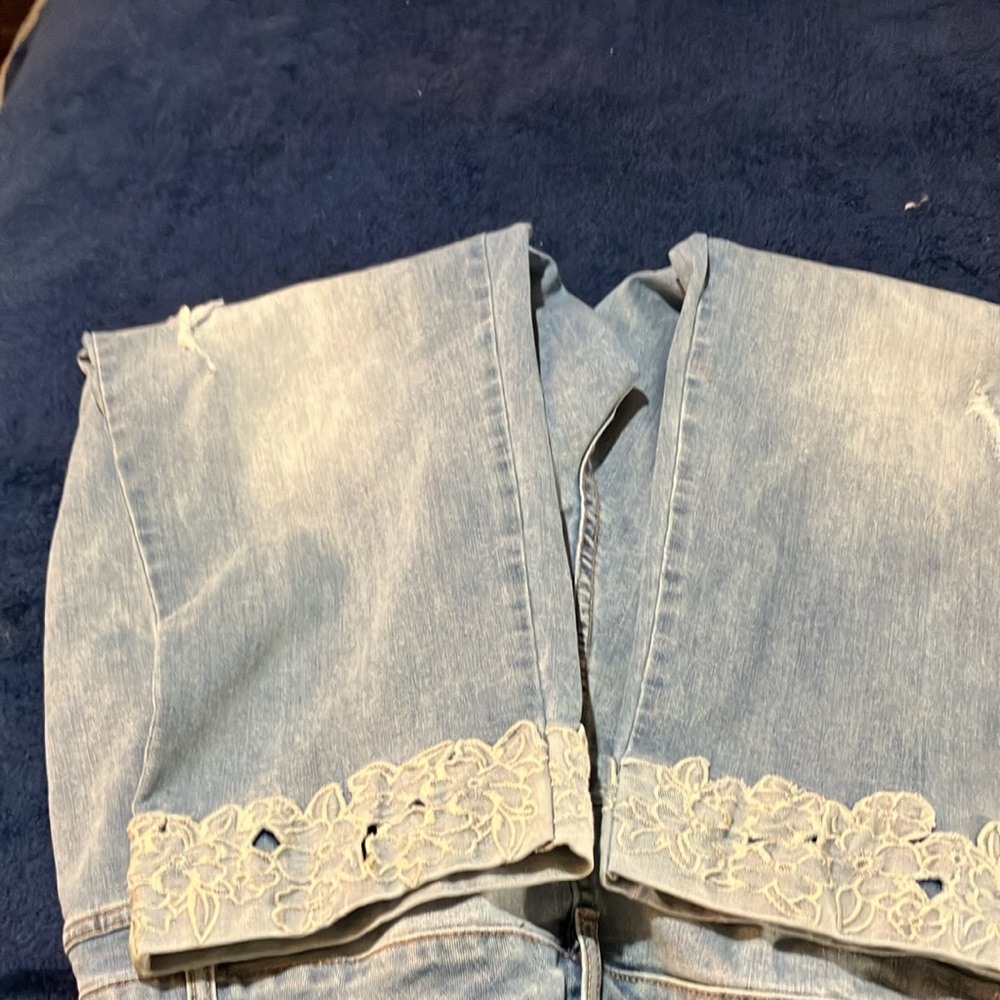 Lane Bryant Jeans w/flowered hem. Super cute on.Light Denim. I wore one time. - Picture 2 of 10